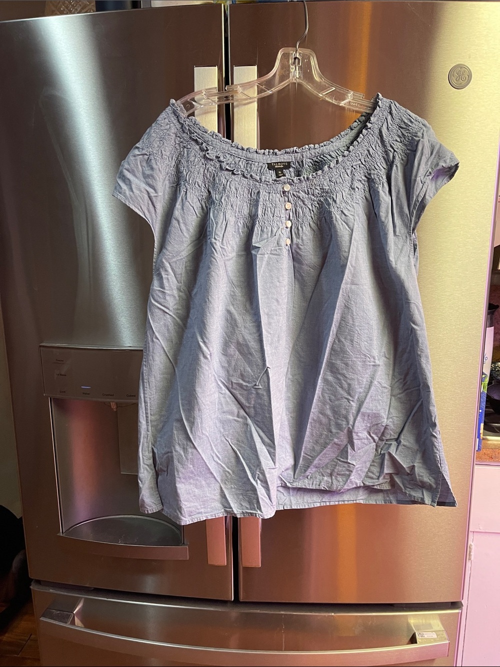 Talbots Light Blue Smocked Neck Short Sleeve Blouse